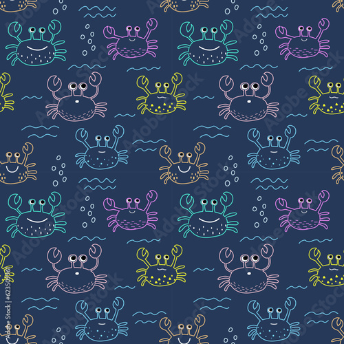 Vector seamless childish pattern with colorful crabs, shells and starfish on a dark blue background. Suitable for baby prints, nursery decor, wallpaper, wrapping paper, stationery, scrapbooking, etc.