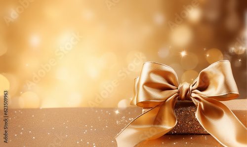 Golden sparkling gitbox with beautiful bow. Celebrating Christmas or New Years other holiday concept. Flat lay, top view copy space bokeh sparkling festive background