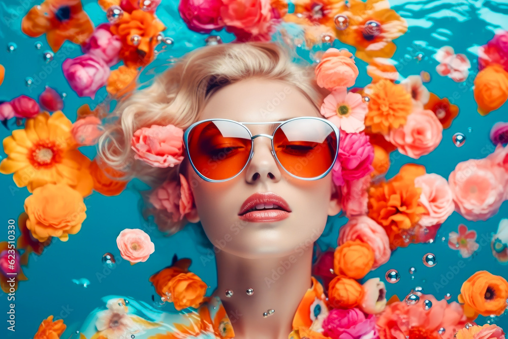Fototapeta premium portrait of beauty girl swimming in pool surrounded by petals of flowers. generative AI