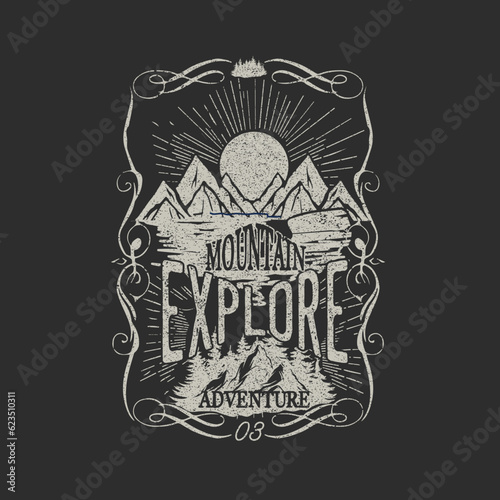 Retro Mountain Explore Typography vintage sunset hills vector illustration t shirt design
