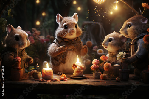 Gruppe von süßen Mäusen bei stimmungsvollen Licht beratend vor einem Tisch, AI generiert © Stefan Freytag