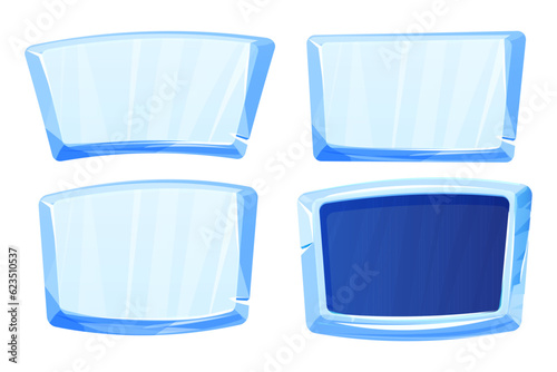 Ice button, frozen frame, level menu in cartoon style isolated on white background. Glass shiny panel, game ui element. 