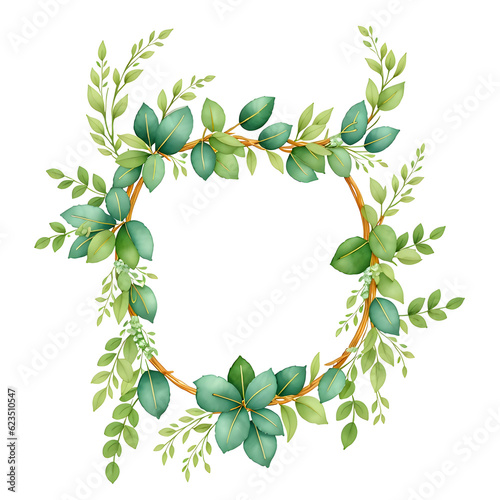 Watercolor floral illustration with branches leaf frame on transparent background generative ai