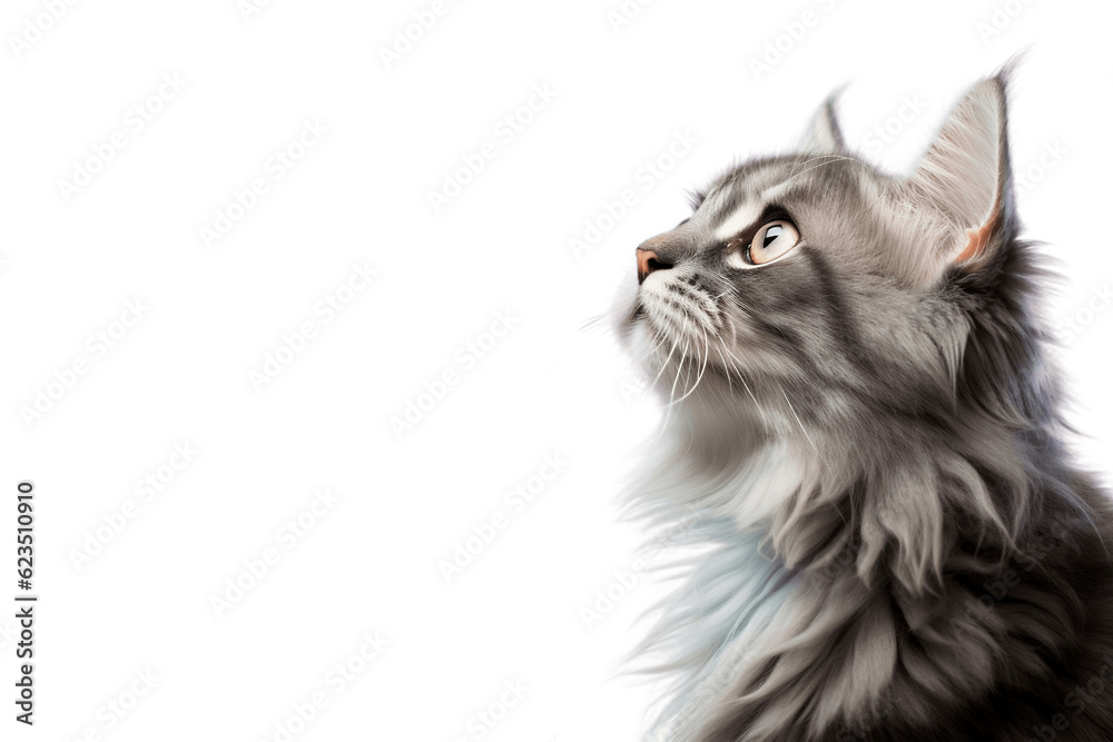Side View of Cat Looking Up, Isolated on White Background. Generative AI