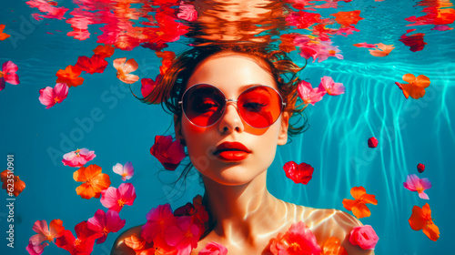 portrait of beauty girl swimming in pool surrounded by petals of flowers. generative AI