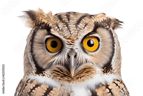 Speckled Owl Face Close-Up Isolated on Transparent Background. Generative AI