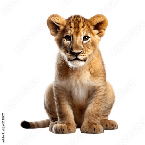 Lion cub sitting , isolated on transparent background cutout , generative ai