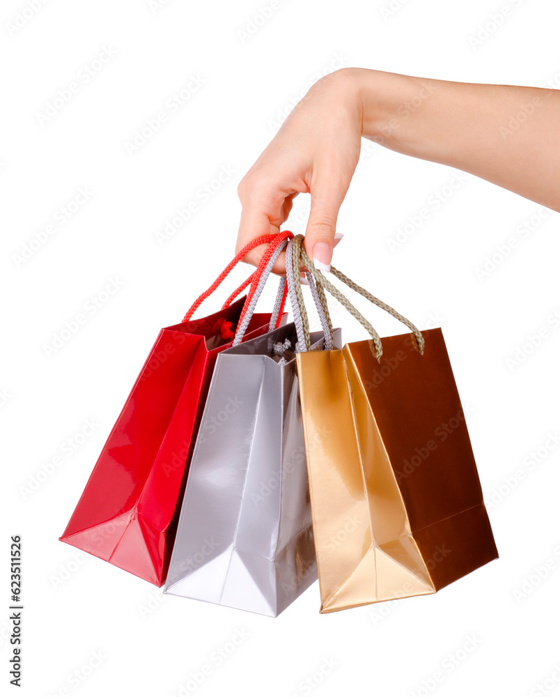 Hand with shopping bags isolated on white background.