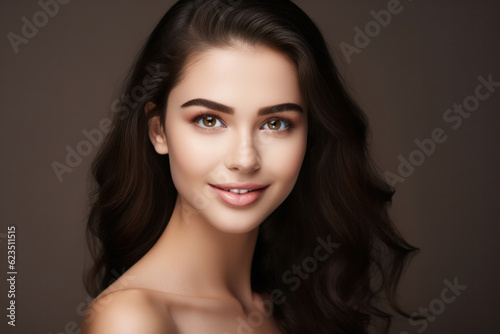 Beauty Woman face Portrait. Beautiful Spa model Girl with Perfect Fresh Clean Skin. Brunette female looking at camera and smiling. Youth and Skin Care Concept