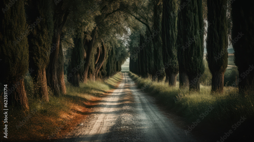 Obraz premium Road among cypress trees, Tuscany, Italy Generative AI