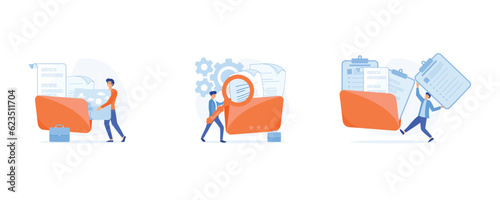 storage and indexing of information concept, Workers searching file, adds file to big folder,  set flat vector modern illustration