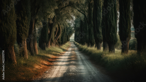 Road among cypress trees, Tuscany, Italy Generative AI