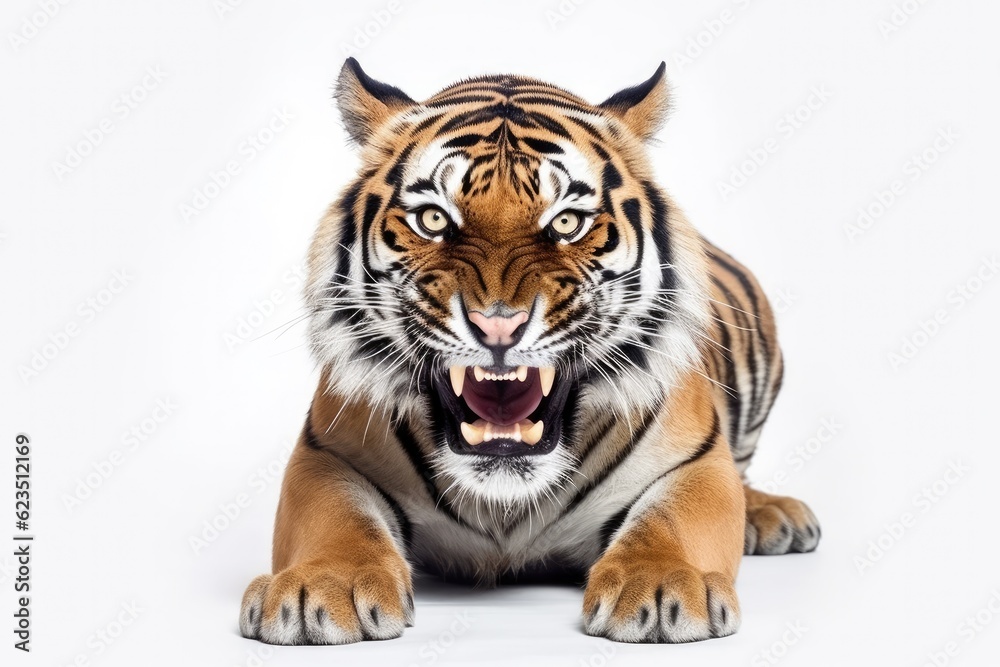 Roaring rocks of an angry tiger on a white background.
