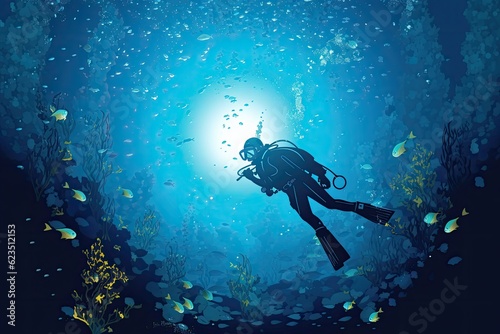 The diver swims underwater against the background of blue water.