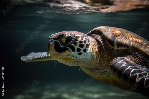 Close-up of a swimming sea turtle.