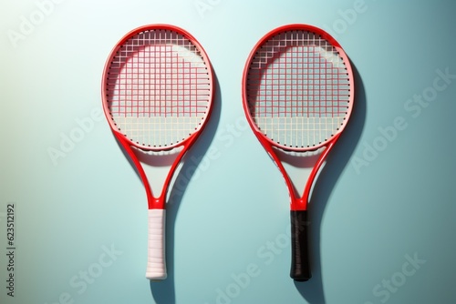 Two tennis racquets sitting side by side on a blue surface