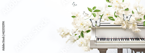 Music banner with white grand piano with spring white flowers and butterflies on white background. Beautiful romantic floral background suitable for music event or concert. Banner size, copy space photo