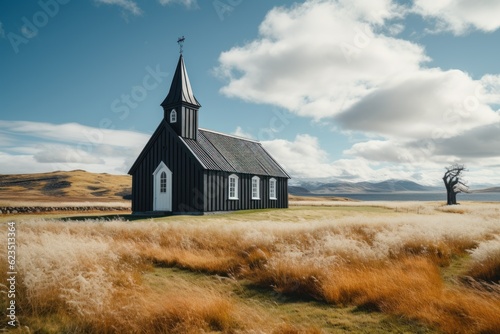 Timelapse of a black wooden church in front of a mountain range in Budir, Iceland.