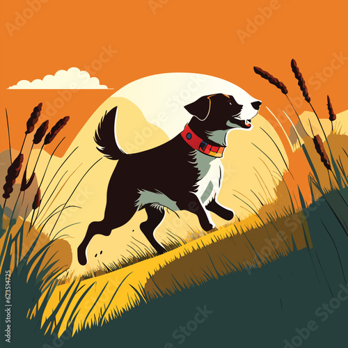 The dog runs happily in the meadow during the sunset.