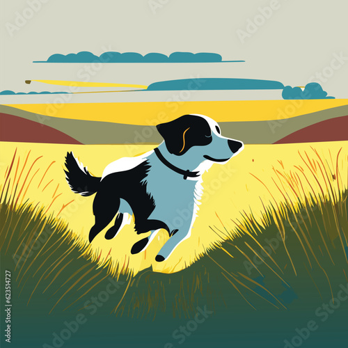 The dog runs happily in the meadow during the sunset.