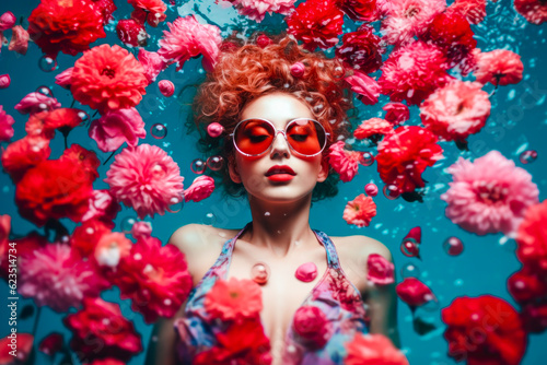 portrait of beauty girl swimming in pool surrounded by petals of flowers. generative AI