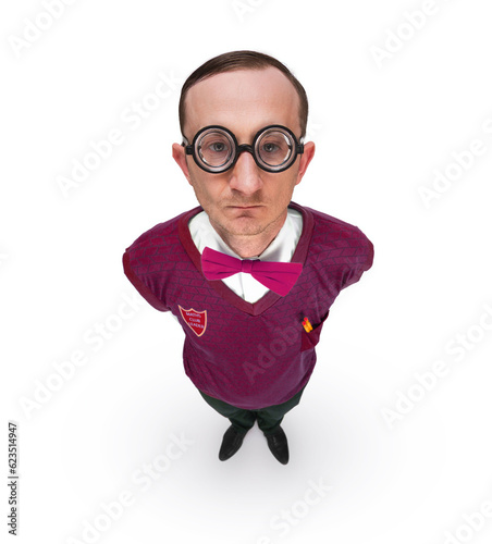 High angle view of a funny nerd looking up into the camera, isolated on white background