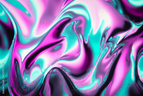 Iridescent liquid metal surface with ripples. 3d illustration. Abstract fluorescent background. Fluid neon leak backdrop. Ultraviolet viscous substance.