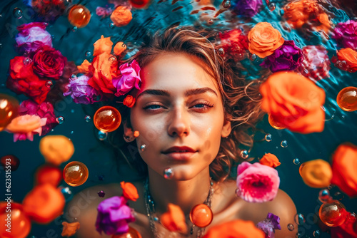 portrait of beauty girl swimming in pool surrounded by petals of flowers. generative AI