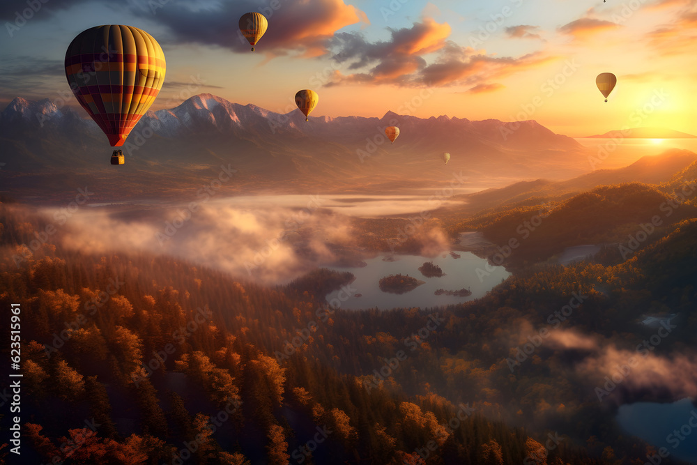 Picturesque mountains, vibrant sunset, soaring hot air balloons. (Generative AI)
