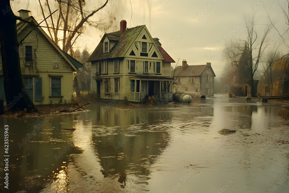Fototapeta premium Flooded town streets after rainfall. (Generative AI)