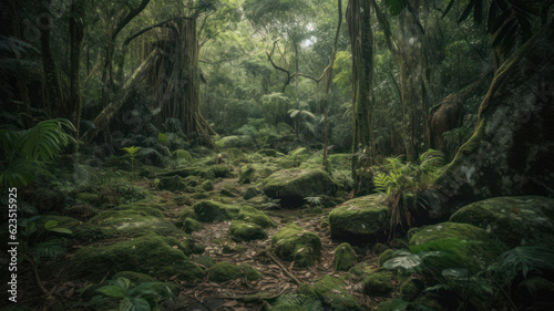 Path through dense forest. Generative AI © Matthew