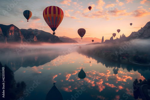 Majestic mountains, mesmerizing sunset, graceful hot air balloons. (Generative AI)