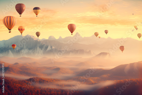 Scenic mountains, colorful sunset, floating hot air balloons. (Generative AI)