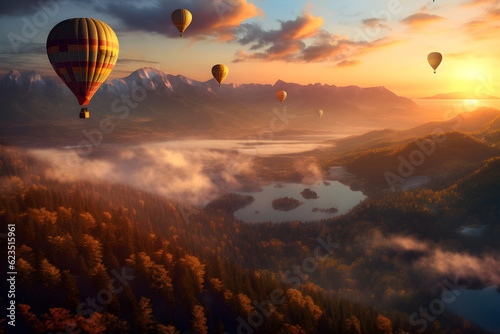 Picturesque mountains, vibrant sunset, soaring hot air balloons. (Generative AI)