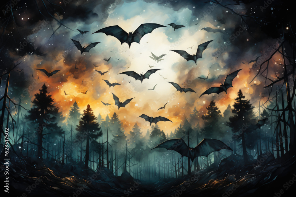 A group of bats flying through a forest. Generative AI. Halloween background.