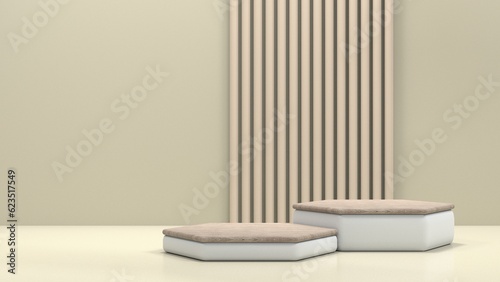 minimal modern wooden hexagon tray podium on beige wall background  luxury beauty  organic  health product display