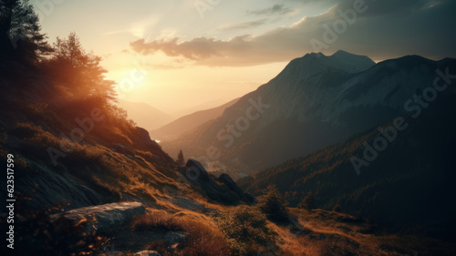 Sunset over mountain. Generative AI © Matthew