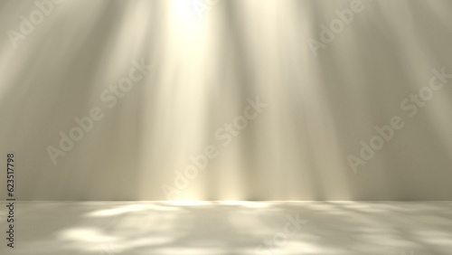 minimal concrete wall with leaf shadow texture, empty stage with sun light cast on beige background.