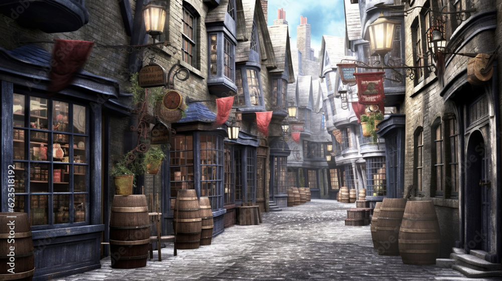 Diagon Alley is a cobblestoned wizarding alley and shopping area located in London, England behind a pub called the Leaky Cauldron Photorealistic