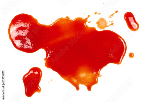 Red ketchup splashes isolated on white background, tomato pure texture, top view