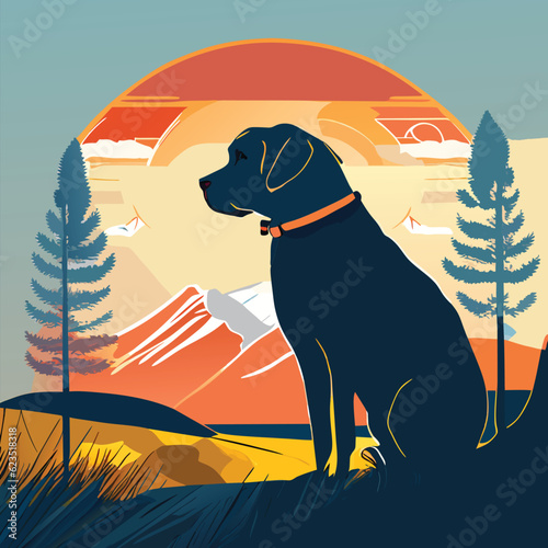 The dog runs happily in the meadow during the sunset.