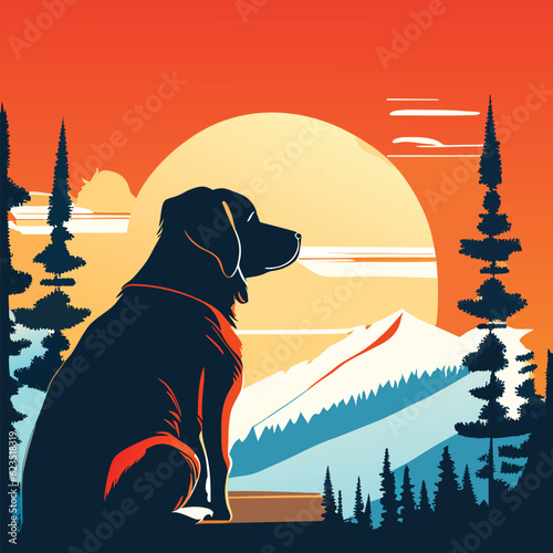 The dog runs happily in the meadow during the sunset.