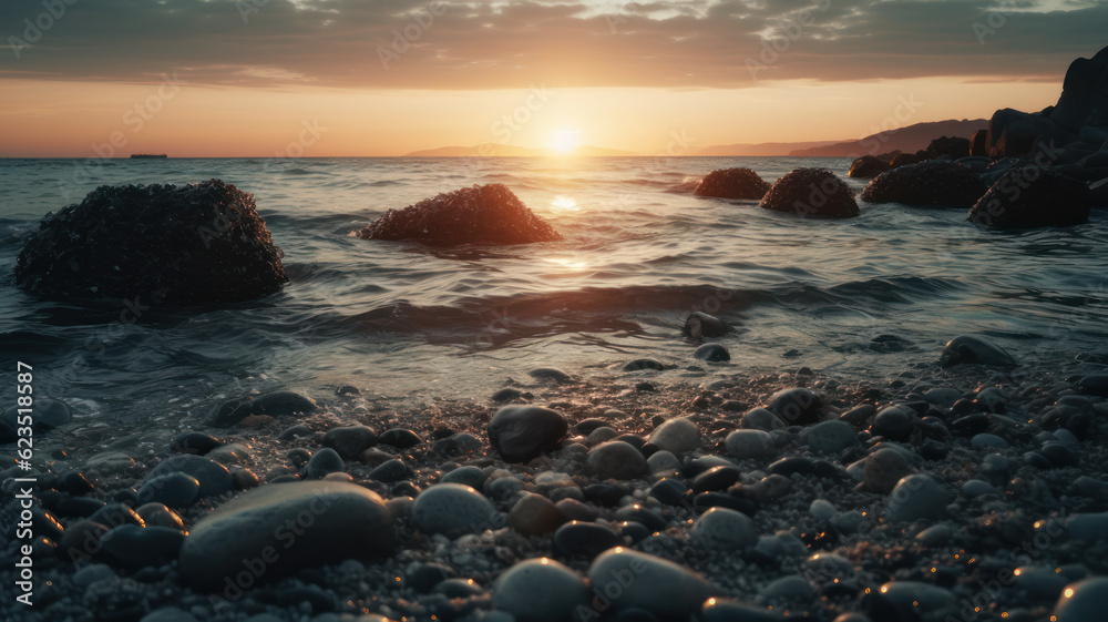 Obraz premium Sunset over sea on rocky beach Generative AI