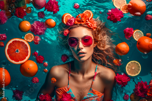 Beautiful Girl Floating On Water With Fresh Tropical Fruits. Resort, spa concept. Generative AI