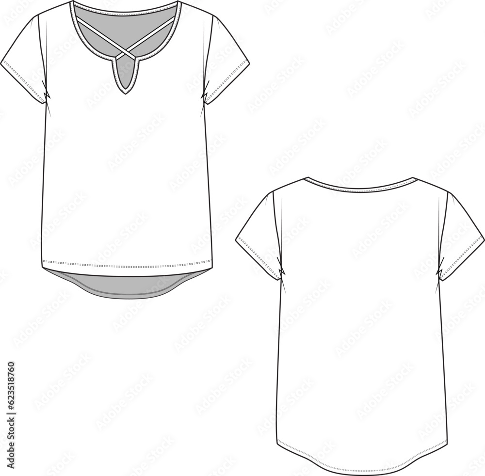 Fashion crew neck v cut Crisscross top technical flat sketch drawing Vector Stock Vector Adobe
