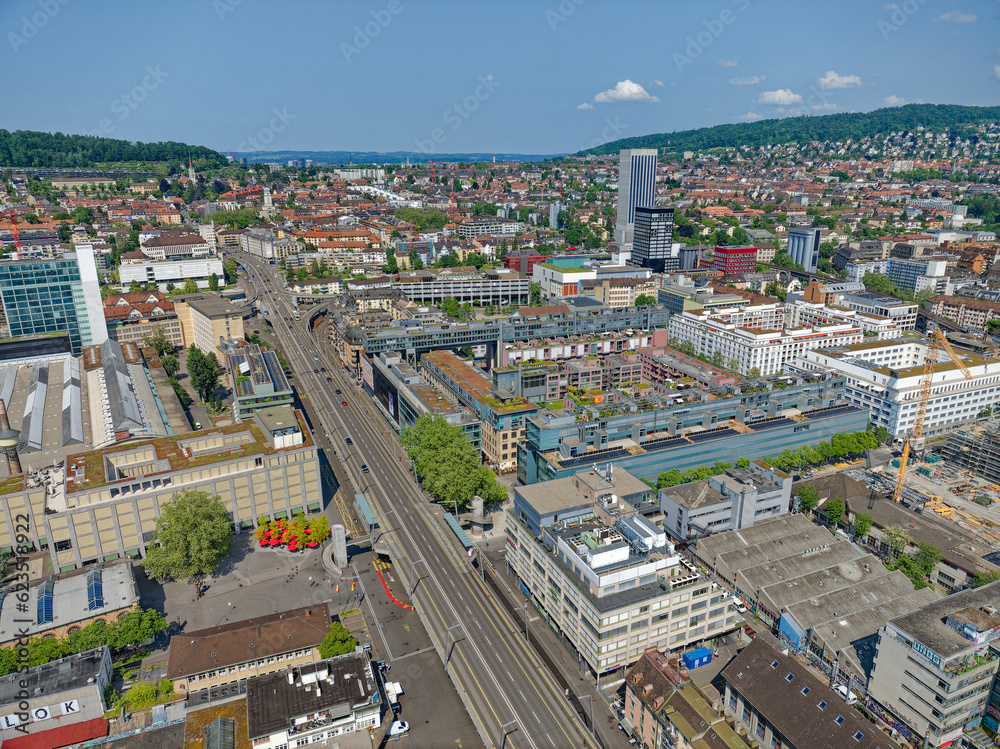 Aerial view of City of Zürich industrial district with skyline and cityscape on a sunny spring day. Photo taken May 28th, 2023, Zurich, Switzerland.