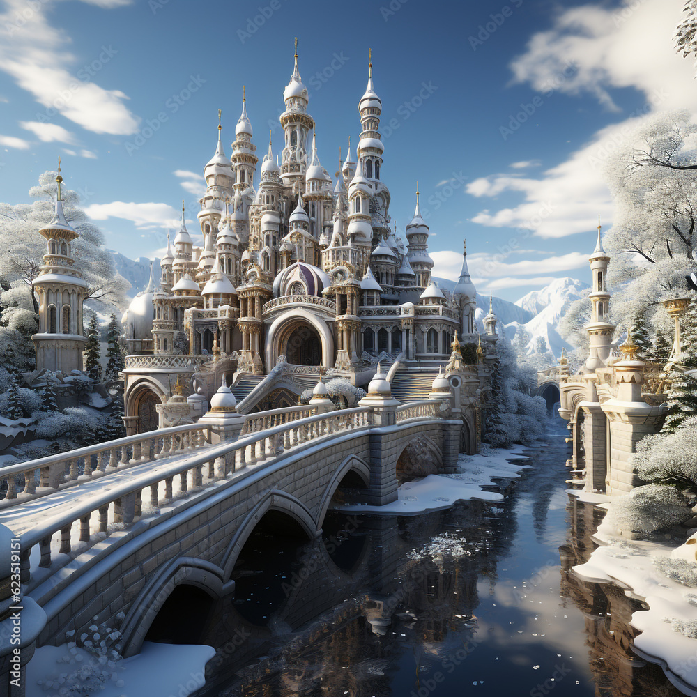 A magical ice and snowy castle with fantasy design. The tallest tower