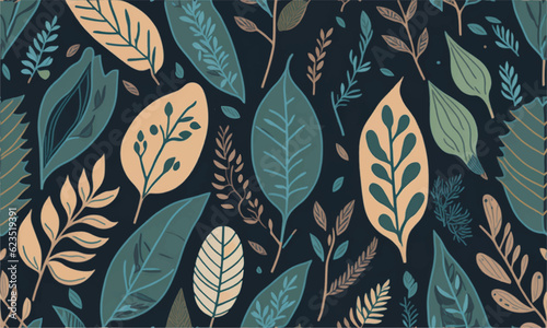 Abstract plant leaf art, textile Design, indigo background 3 (generative ai)
