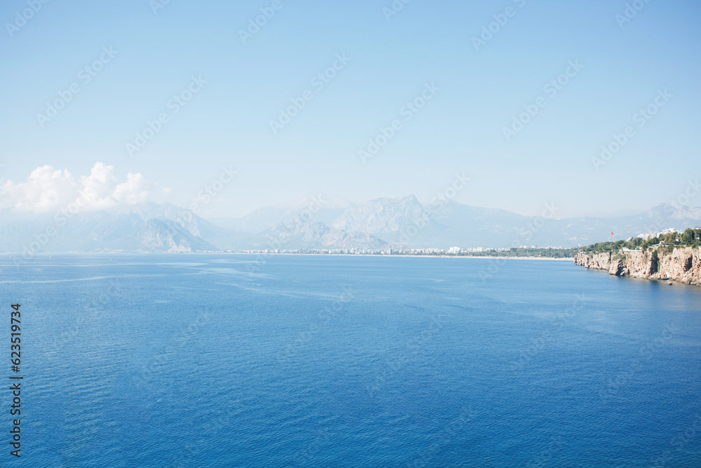 Beautiful top view of the sea and mountains in Antalya, Turkey and on the Mediterranean coast. The concept of vacation and recreation at sea