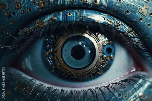 Abstract cyberpunk mechanical eye. Sci fi fantastic image. Generated ai.